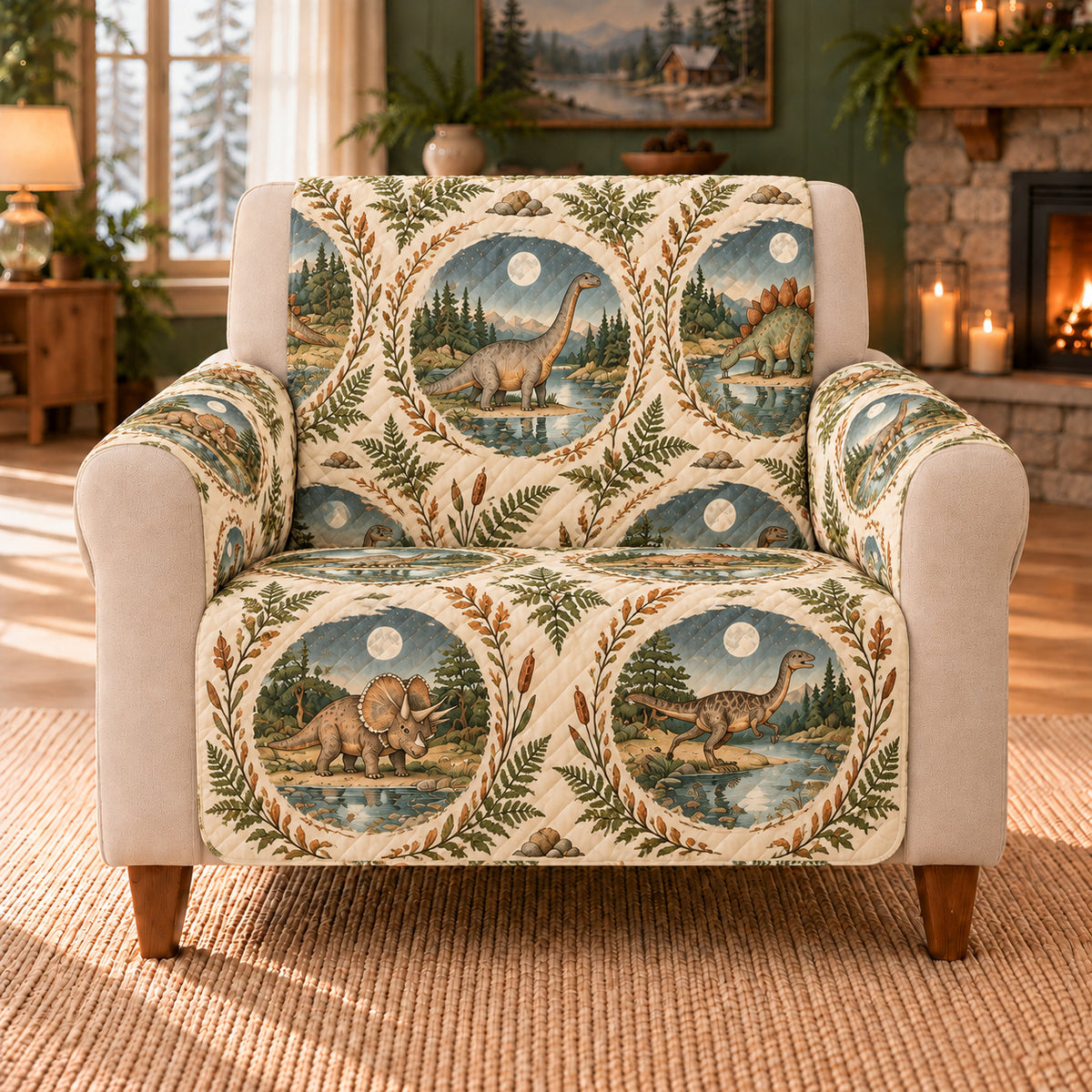 Moonlake Dinosaur Cameos sofa cover on a beige armchair