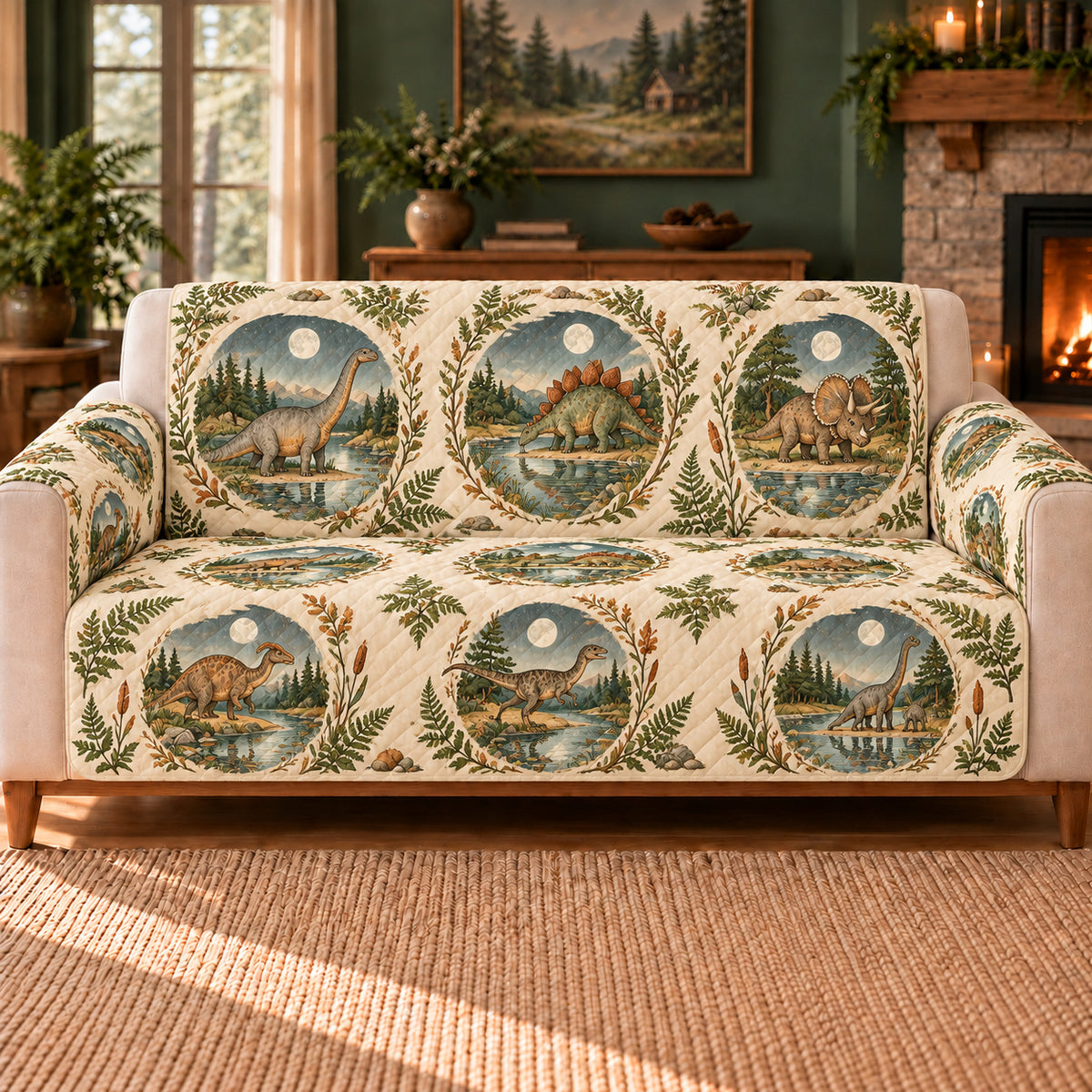 Moonlake Dinosaur Cameos sofa cover on a beige sofa