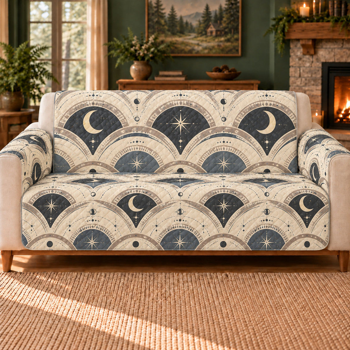 Moonlight Scallop Field sofa cover on a beige sofa