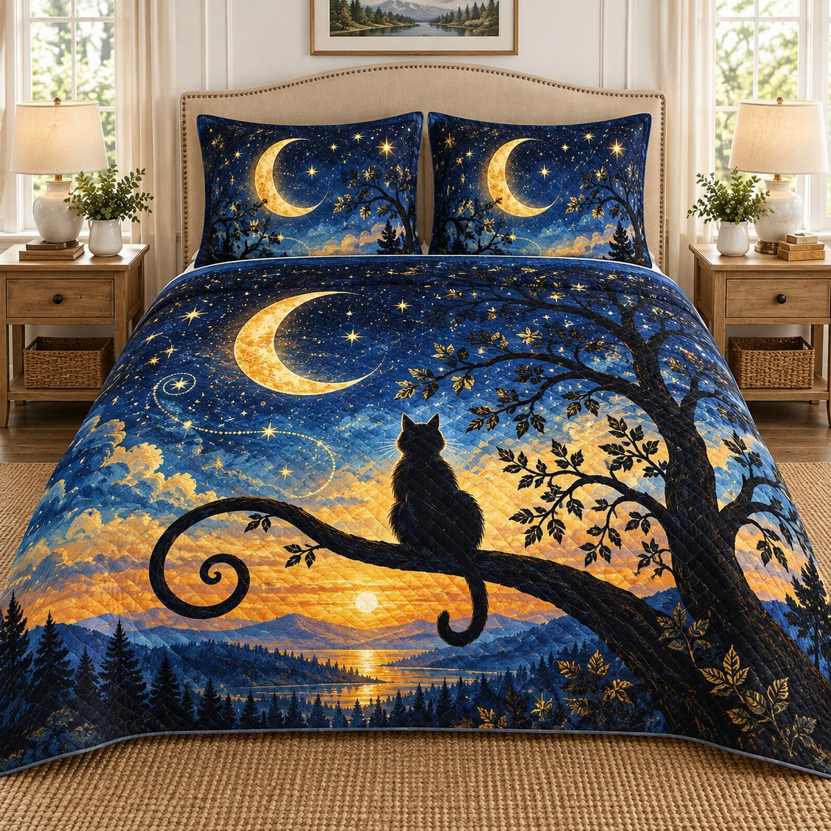 Moonlit black cat celestial landscape quilt set, view 1, AI-generated product mockup