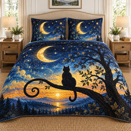 Moonlit Black Cat Quilt Set, Celestial Bedding Gift for Cat Lovers