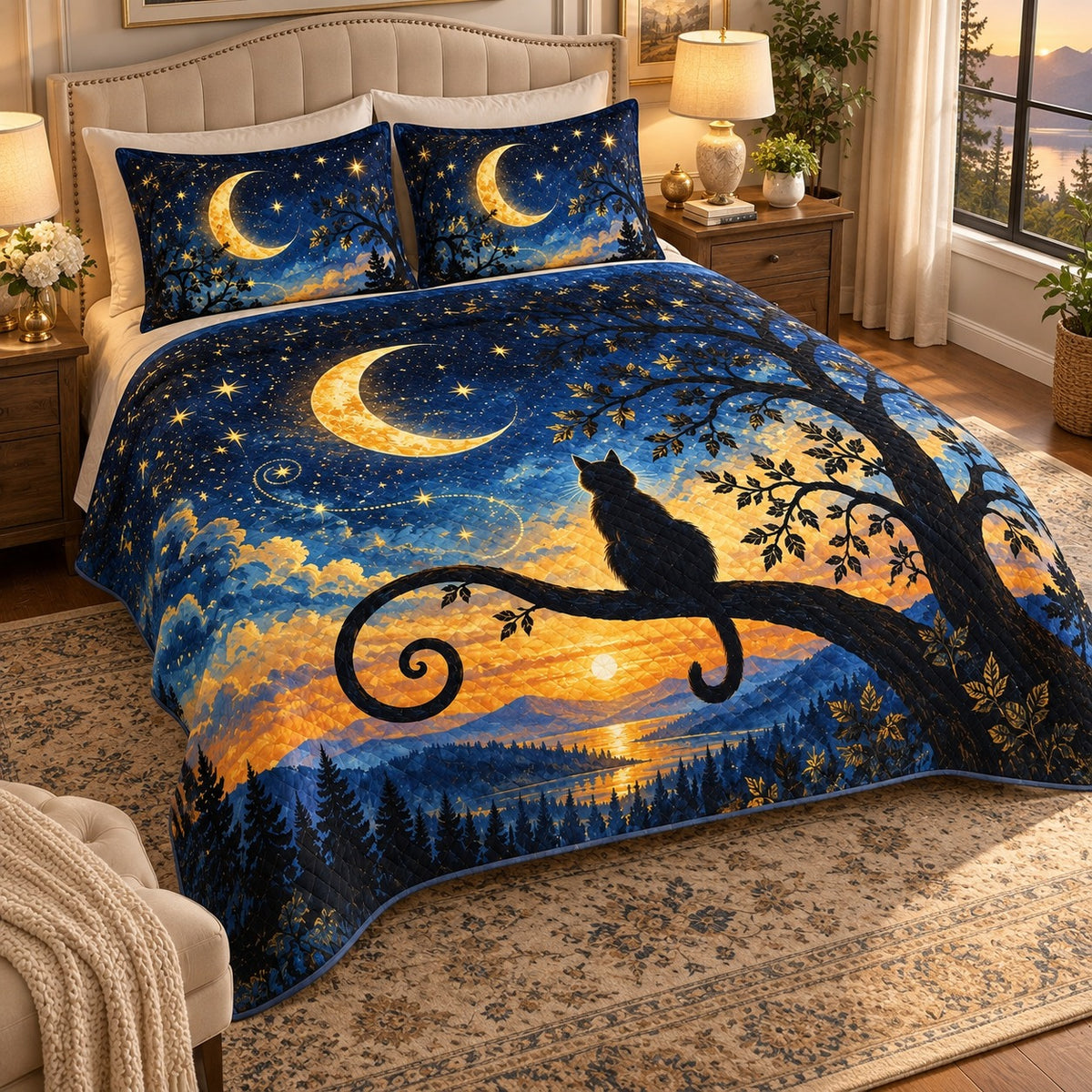 Moonlit black cat celestial landscape quilt set, view 2, AI-generated product mockup