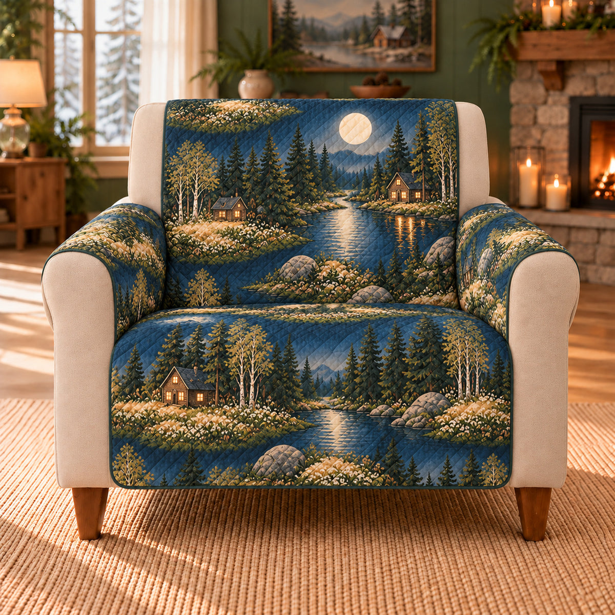 Moonlit Clearing Islands sofa cover on a beige armchair