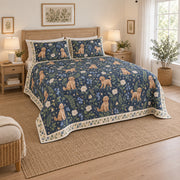 Moonlit Doodle Botanica Goldendoodle Starry Garden Quilt Set, angled goldendoodle starry garden bedroom view