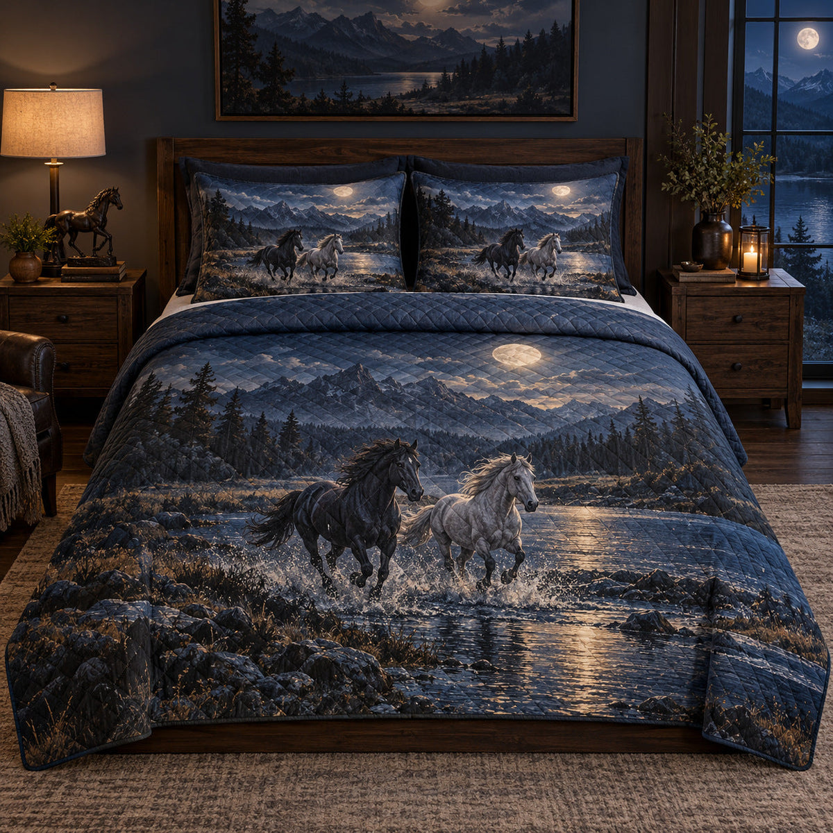 Moonlit Gallop Horse Open Landscape Quilt Set, front horse open landscape bedroom view