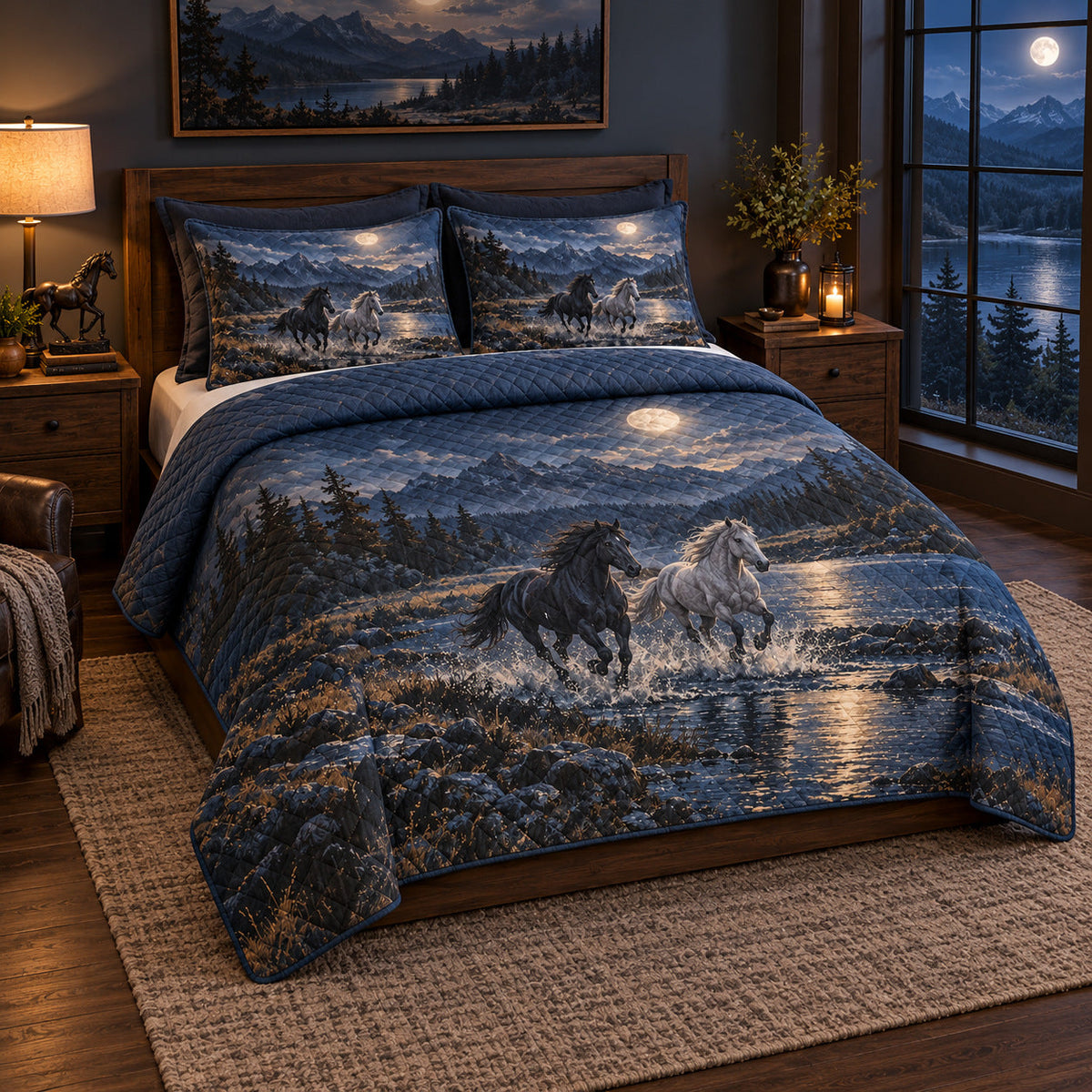 Moonlit Gallop Horse Open Landscape Quilt Set, angled horse open landscape bedroom view