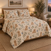 Moonlit Mug Doodle Goldendoodle Starry Garden Quilt Set, front goldendoodle starry garden bedroom view