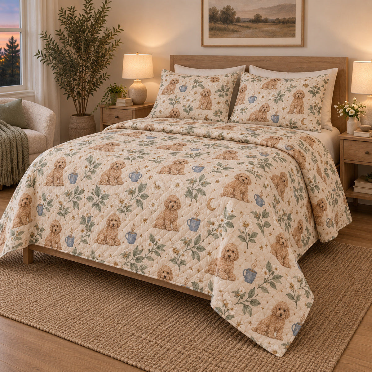 Moonlit Mug Doodle Goldendoodle Starry Garden Quilt Set, angled goldendoodle starry garden bedroom view