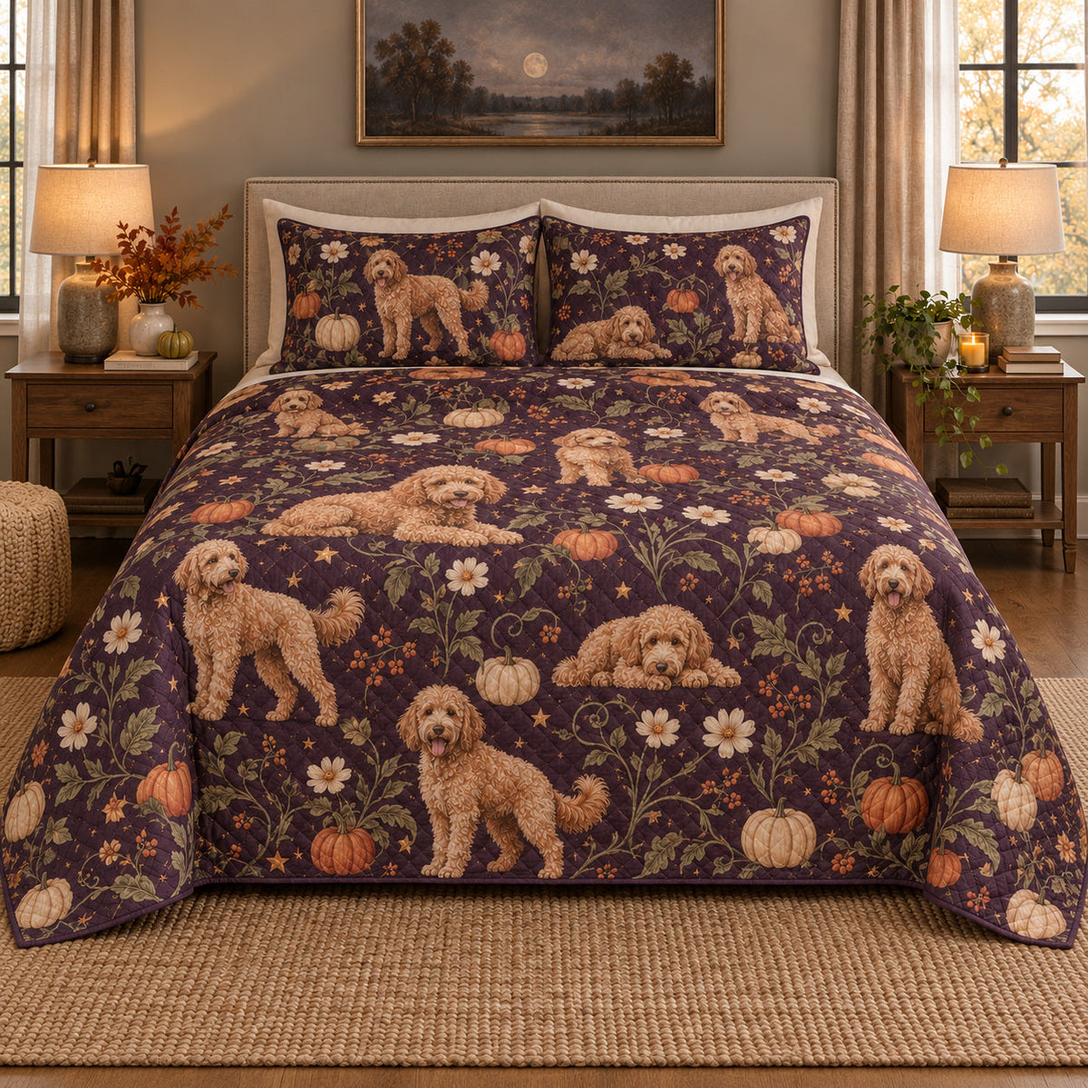 Moonlit Pumpkin Doodle Goldendoodle Starry Garden Quilt Set