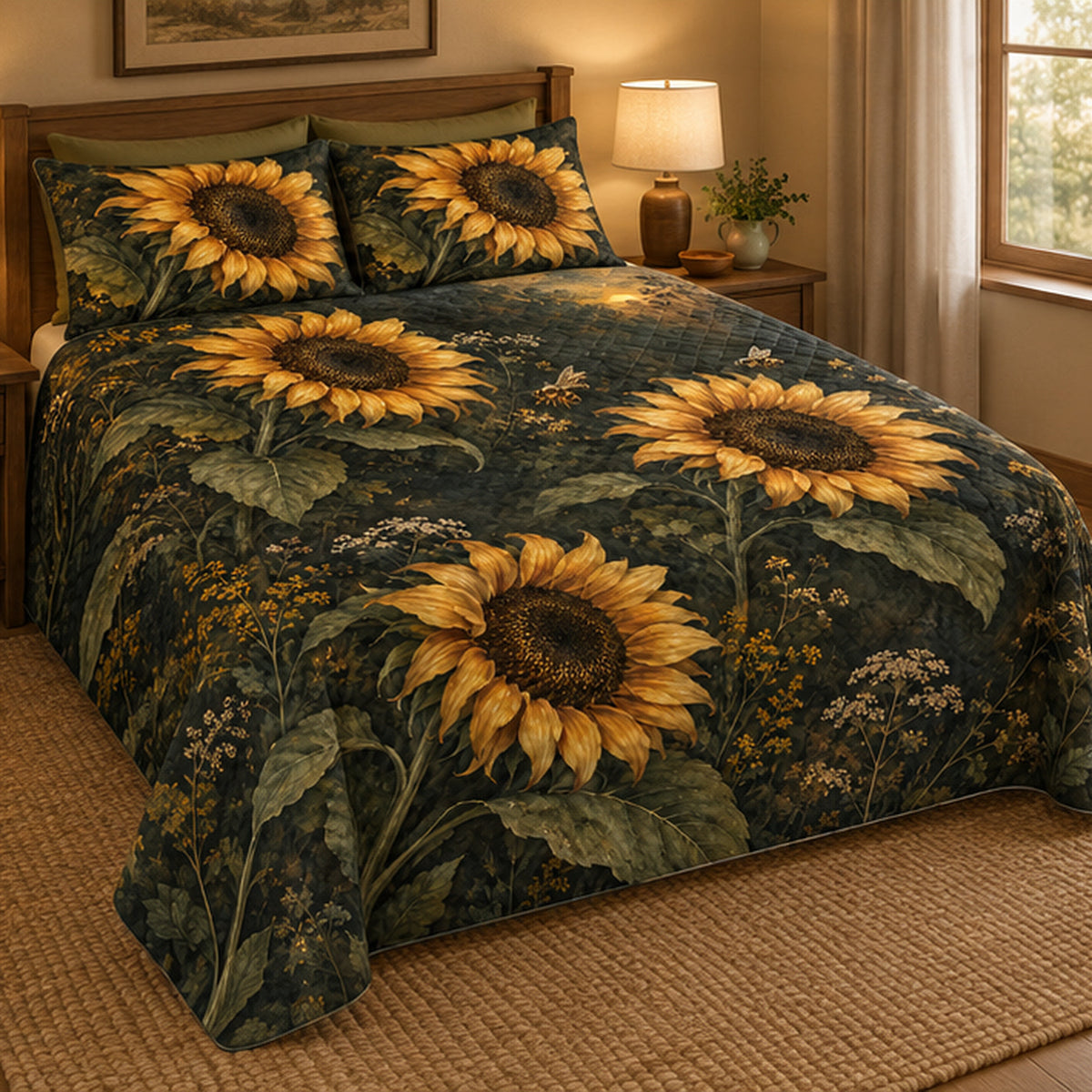 Left view of Moonlit Sunflower Garden quilt set
