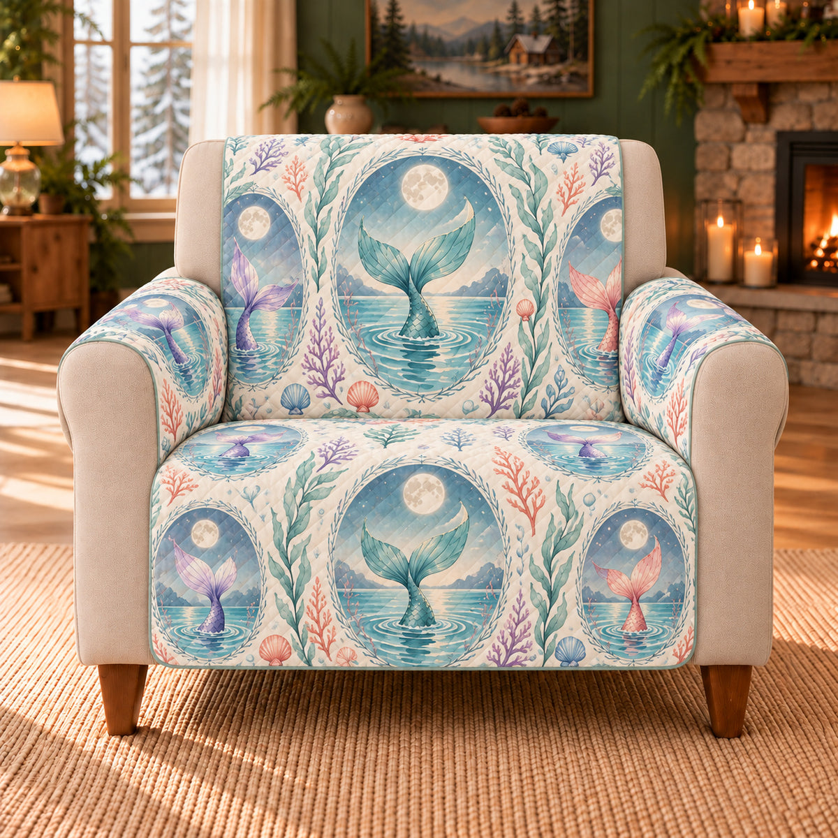 Moonpool Tail Cameos sofa cover on a beige armchair