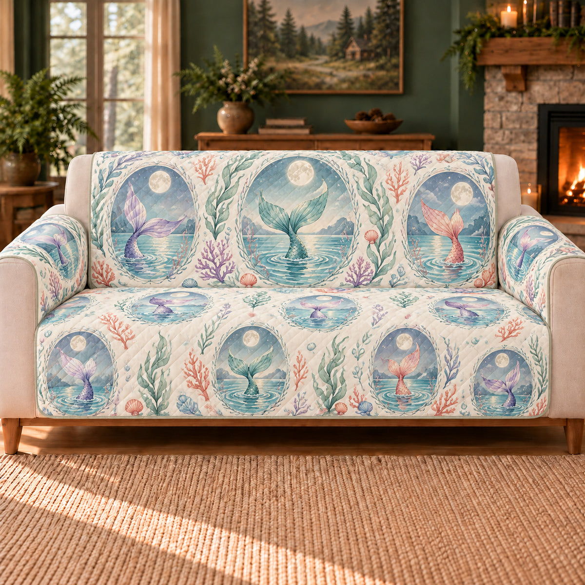 Moonpool Tail Cameos sofa cover on a beige sofa