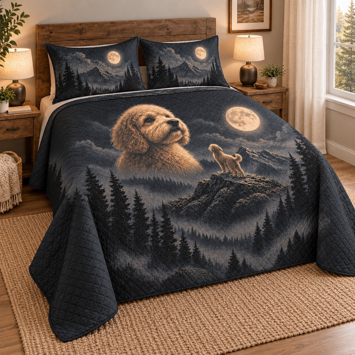 Moonwatch Doodle Goldendoodle Quilt Set, angled Goldendoodle bedroom view