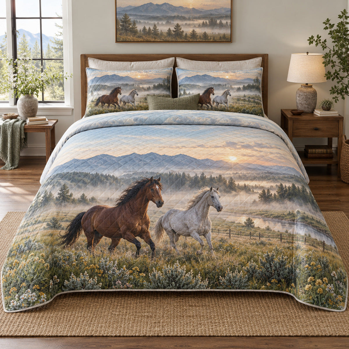 Morning Run Horse Open Landscape Quilt Set, front horse open landscape bedroom view