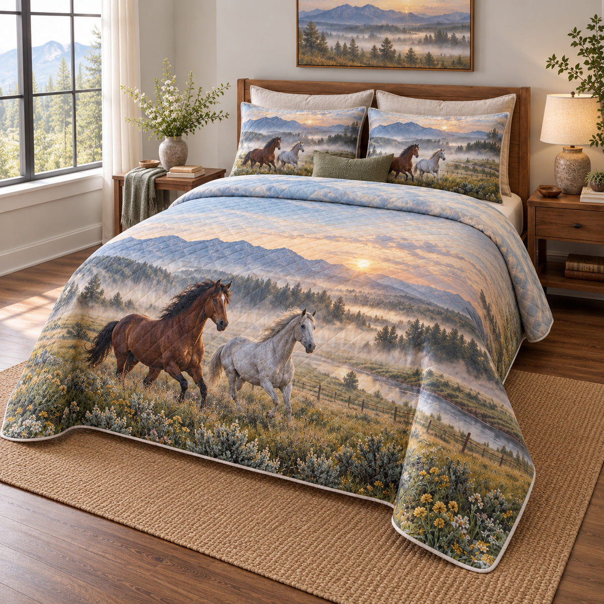 Morning Run Horse Open Landscape Quilt Set, angled horse open landscape bedroom view