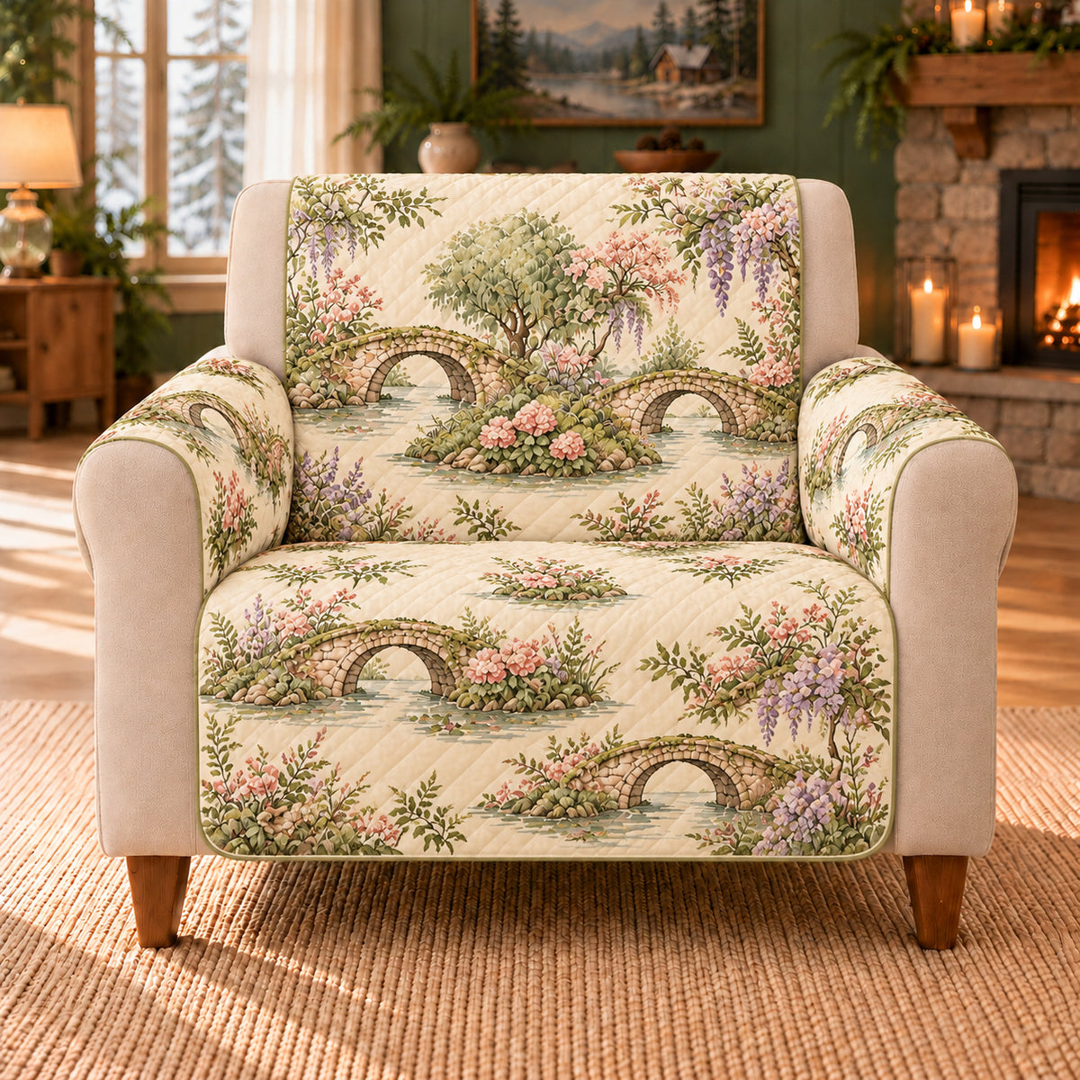 Moss Bridge Frieze sofa cover on a beige armchair