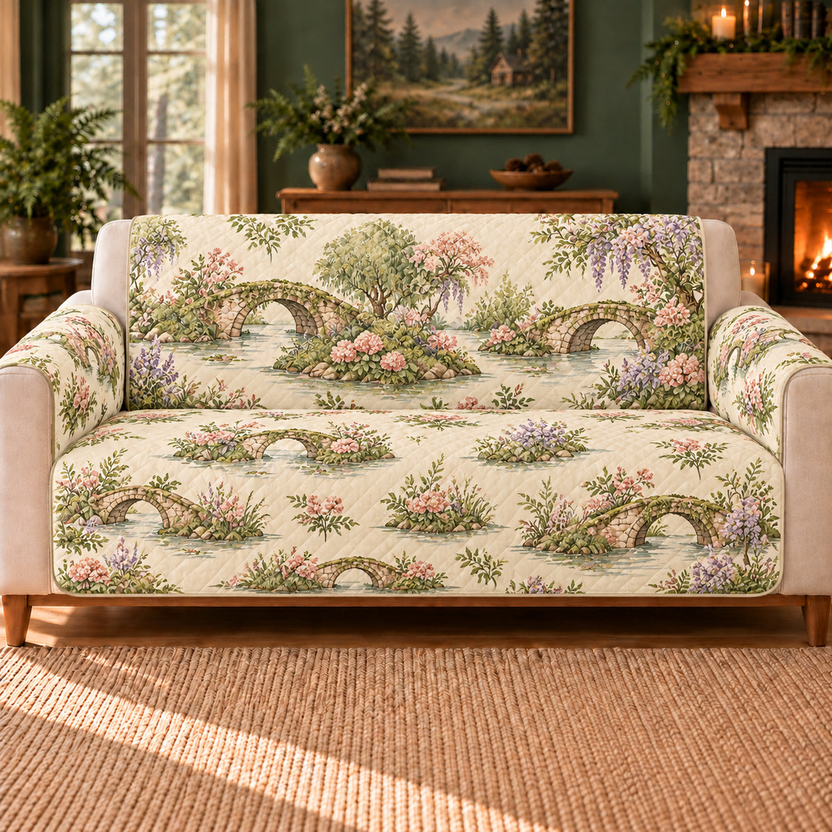 Moss Bridge Frieze sofa cover on a beige sofa
