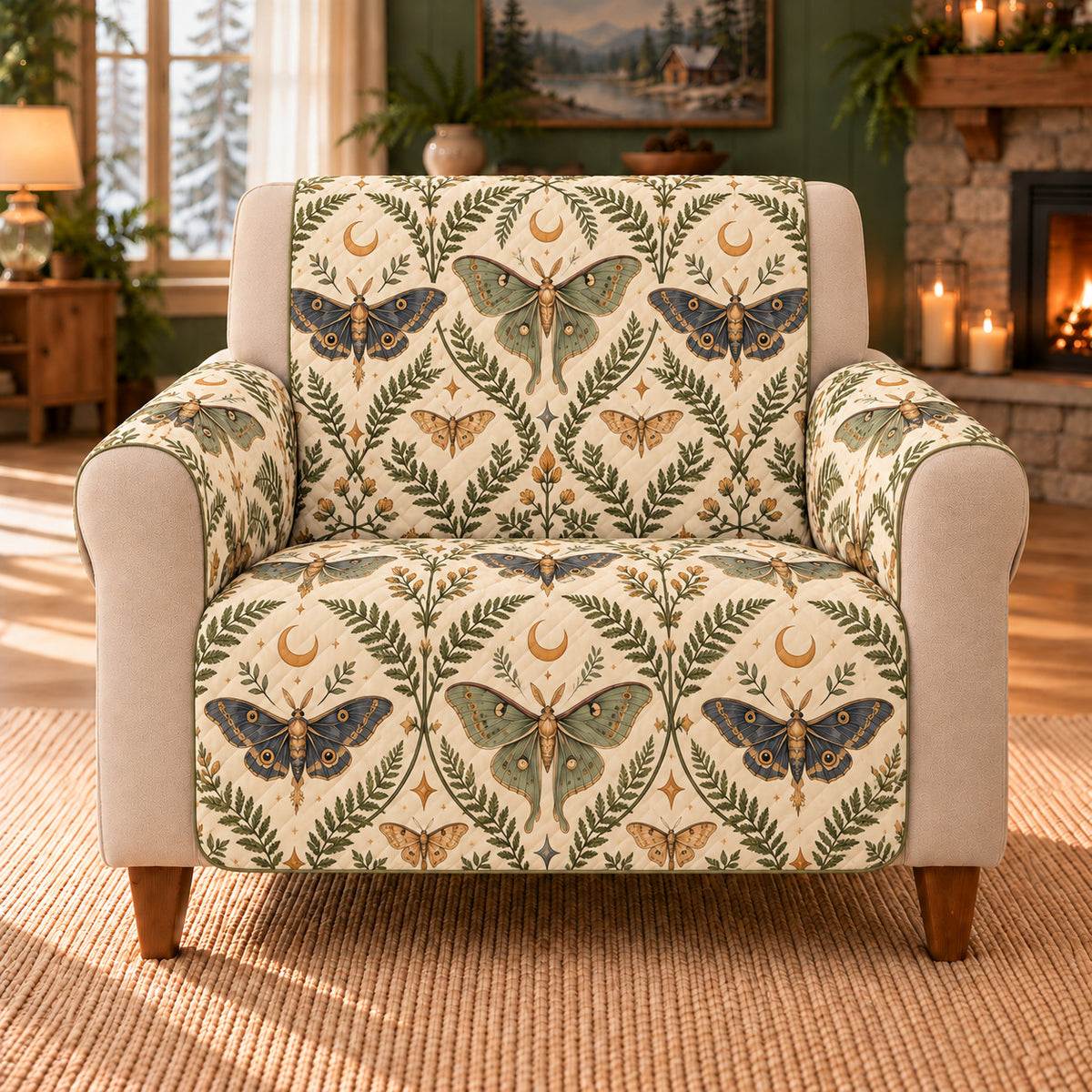 Moth Crescent Trellis sofa cover on a beige armchair