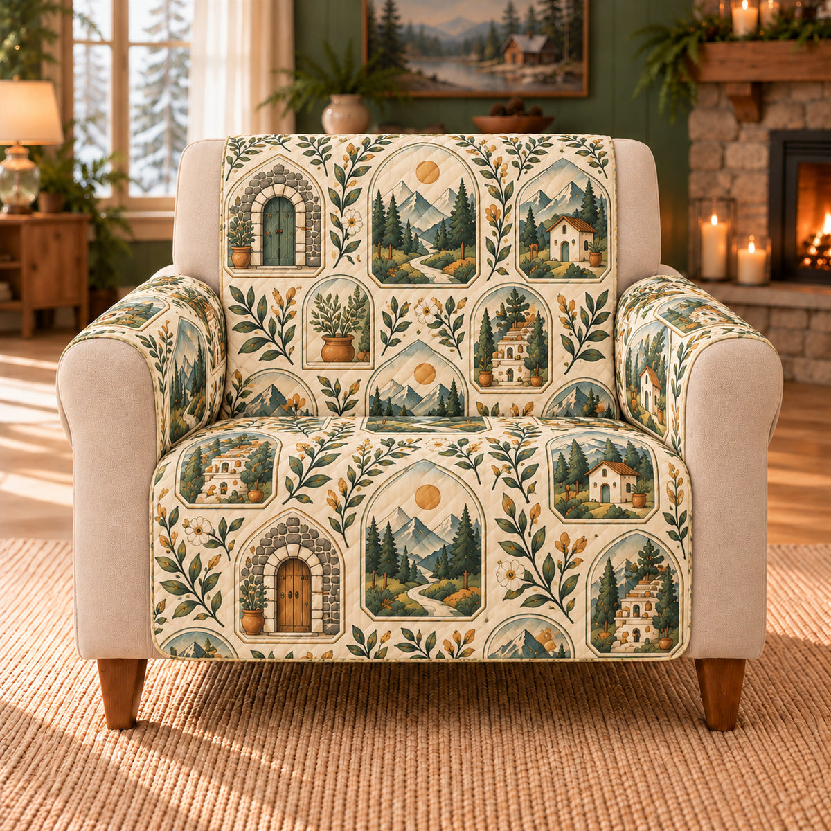 Mountain Door Tiles sofa cover on a beige armchair