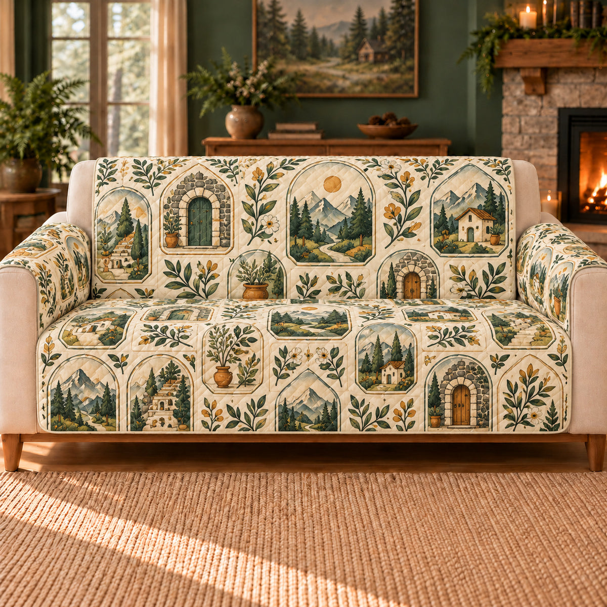 Mountain Door Tiles sofa cover on a beige sofa