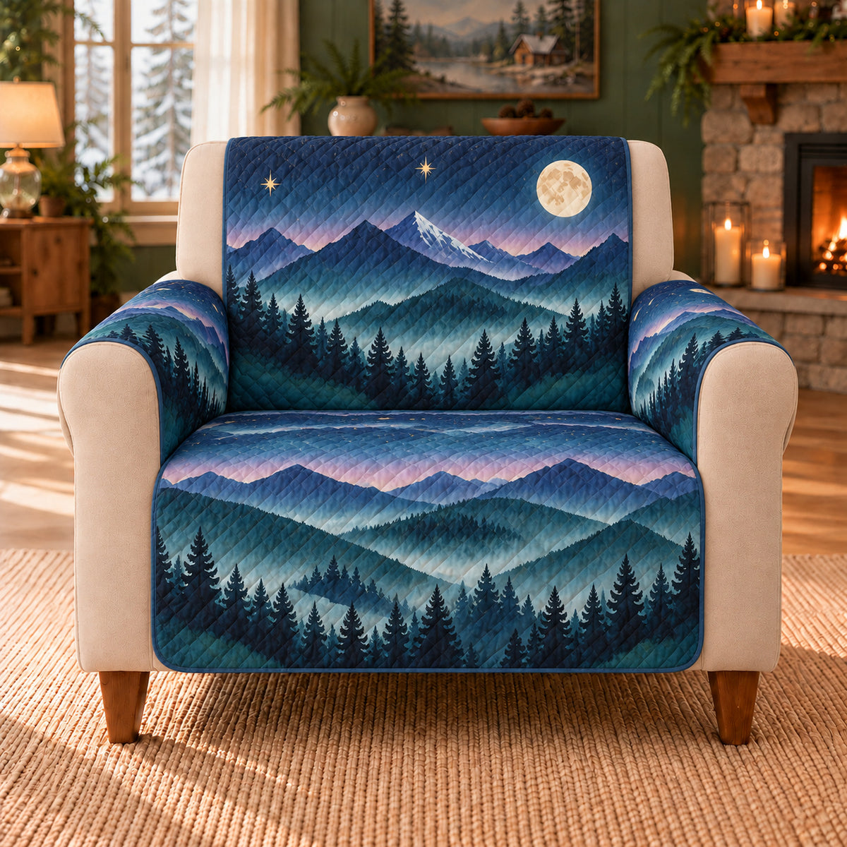 Mountain Night Contours sofa cover on a beige armchair