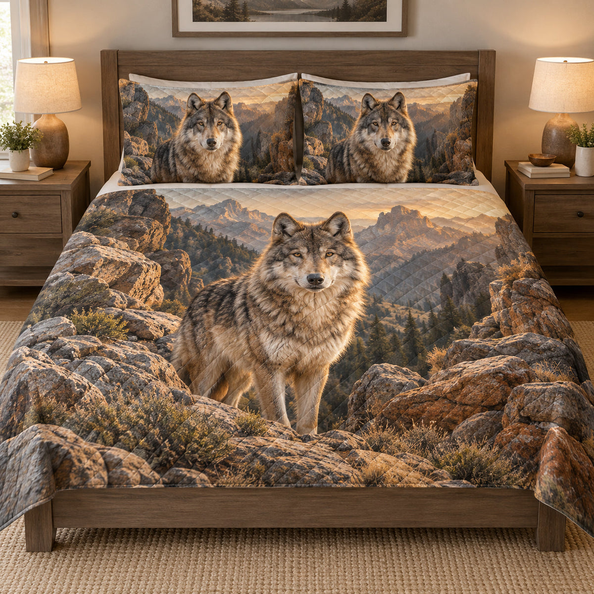 Mountain Wolf Sunset Forest quilt set displayed on a bed with coordinating pillow shams