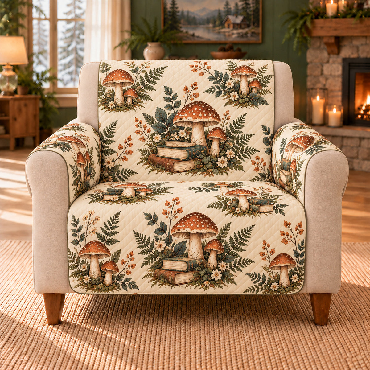 Mushroom Reading Scatter sofa cover on a beige armchair