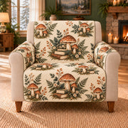 Mushroom Reading Scatter sofa cover on a beige armchair