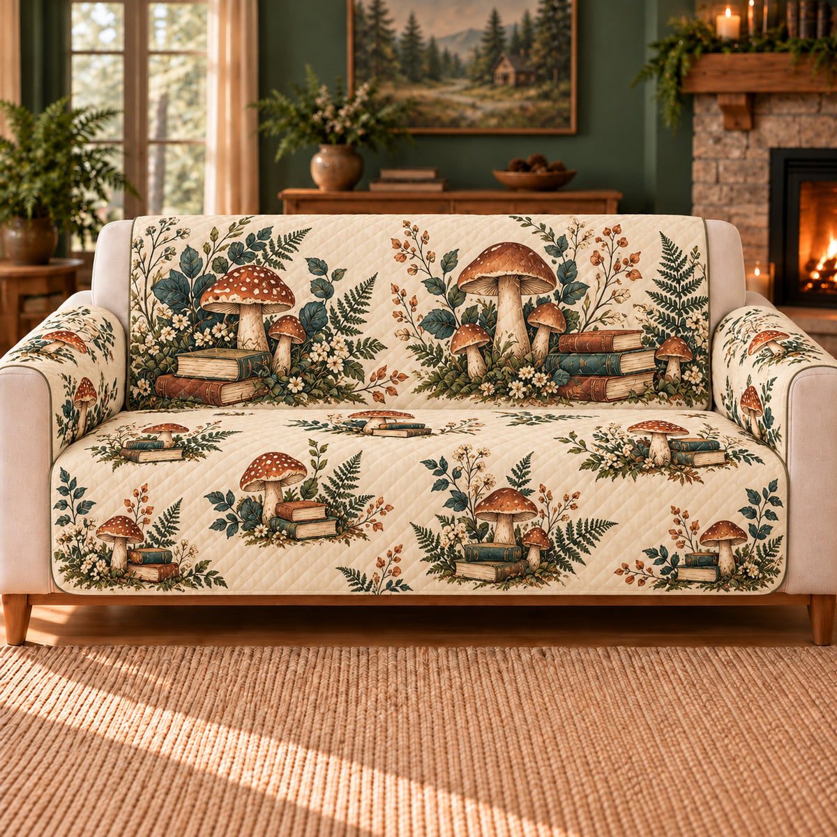 Mushroom Reading Scatter sofa cover on a beige sofa