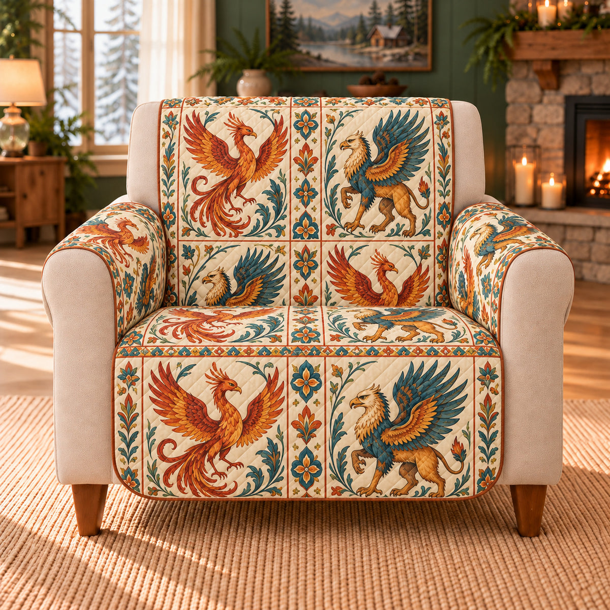 Mythic Wing Tile Study sofa cover on a beige armchair
