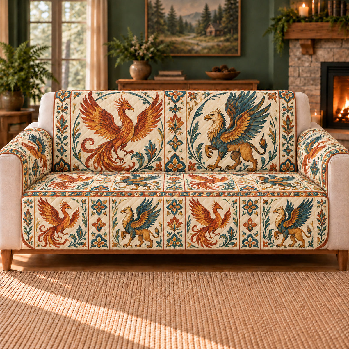 Mythic Wing Tile Study sofa cover on a beige sofa