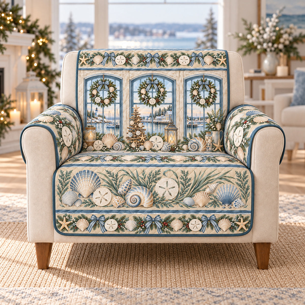 Coastal Seashell Sofa Cover, Harbor Holiday Windows, Gift for Beach Lovers on an armchair