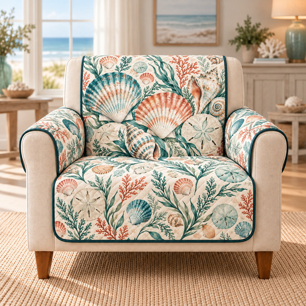 Coastal Seashell Sofa Cover, Ocean Field Studies, Gift for Beach Lovers on an armchair