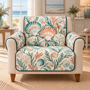 Coastal Seashell Sofa Cover, Ocean Field Studies, Gift for Beach Lovers on an armchair