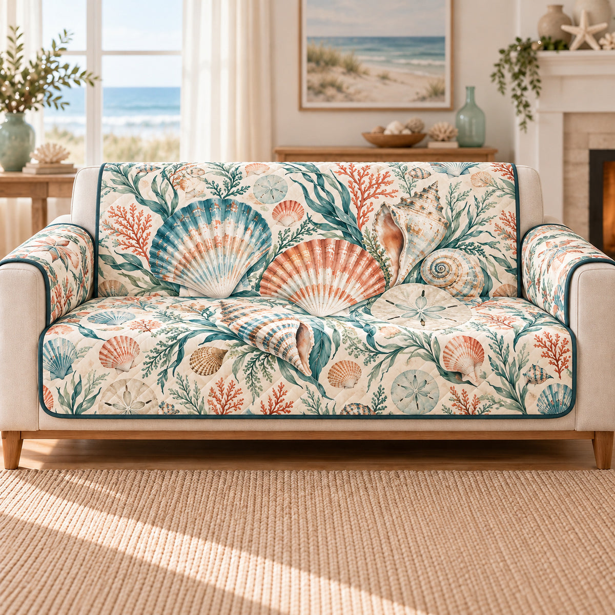 Coastal Seashell Sofa Cover, Ocean Field Studies, Gift for Beach Lovers on a sofa