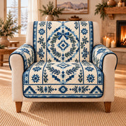 Southwestern Sofa Cover, Blue Christmas Wreath Geometry, Holiday Gift on an armchair