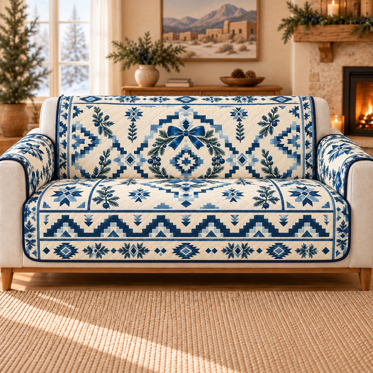 Southwestern Sofa Cover, Blue Christmas Wreath Geometry, Holiday Gift on a sofa
