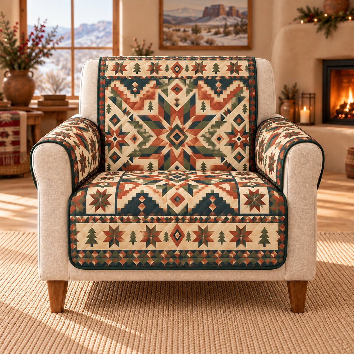 Southwestern Sofa Cover, Christmas Star Geometry, Holiday Home Gift on an armchair