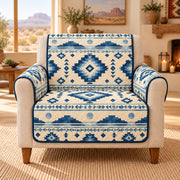 Southwestern Sofa Cover, Indigo Desert Geometry, Gift for New Home on an armchair