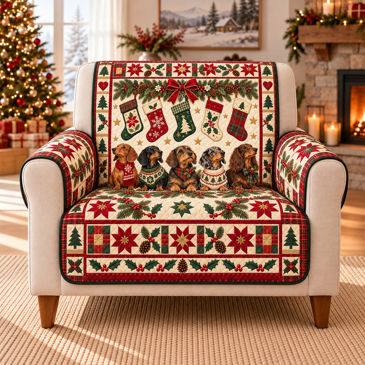 Dachshund Christmas Sofa Cover, Stocking Watch, Holiday Gift for Dog Lovers on an armchair