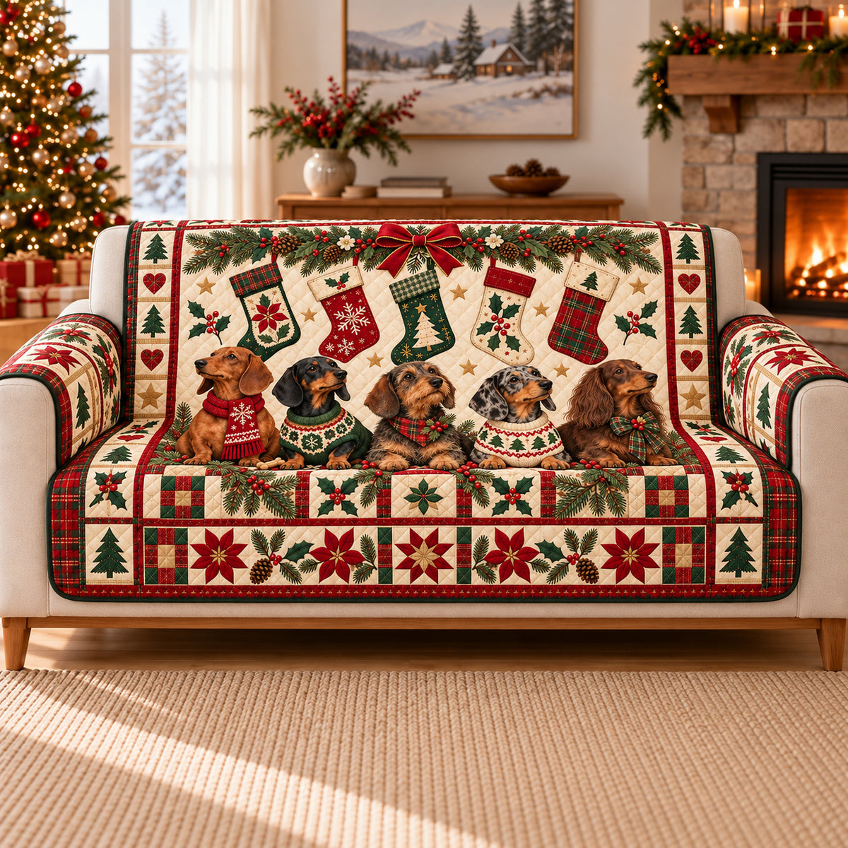 Dachshund Christmas Sofa Cover, Stocking Watch, Holiday Gift for Dog Lovers on a sofa