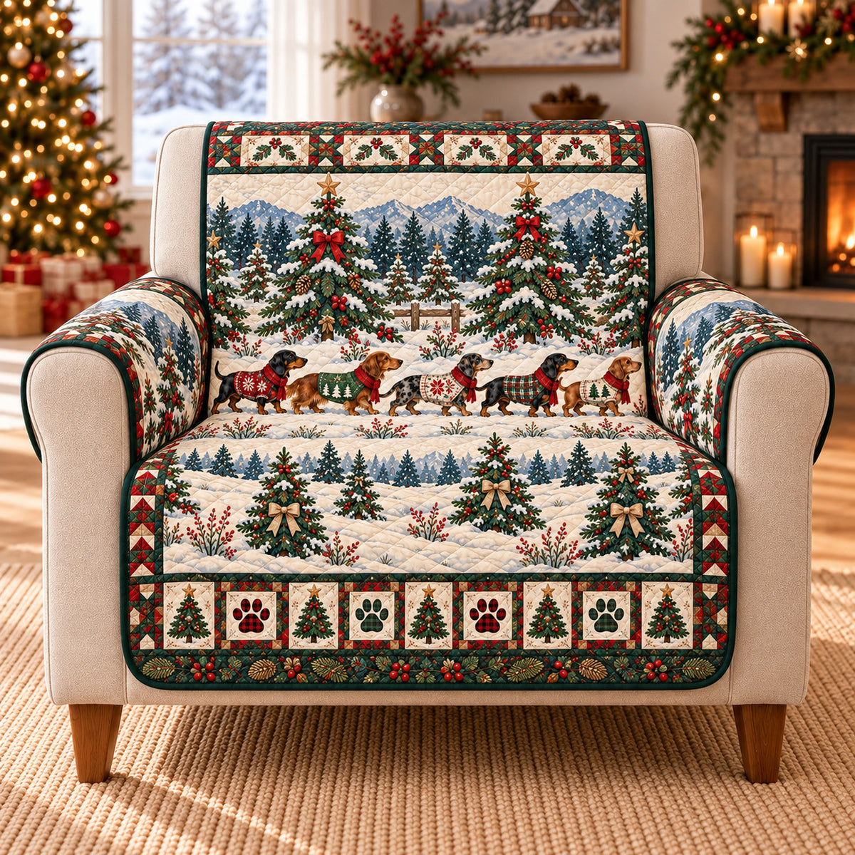 Dachshund Christmas Sofa Cover, Tree Farm Walk, Gift for Dog Lovers on an armchair