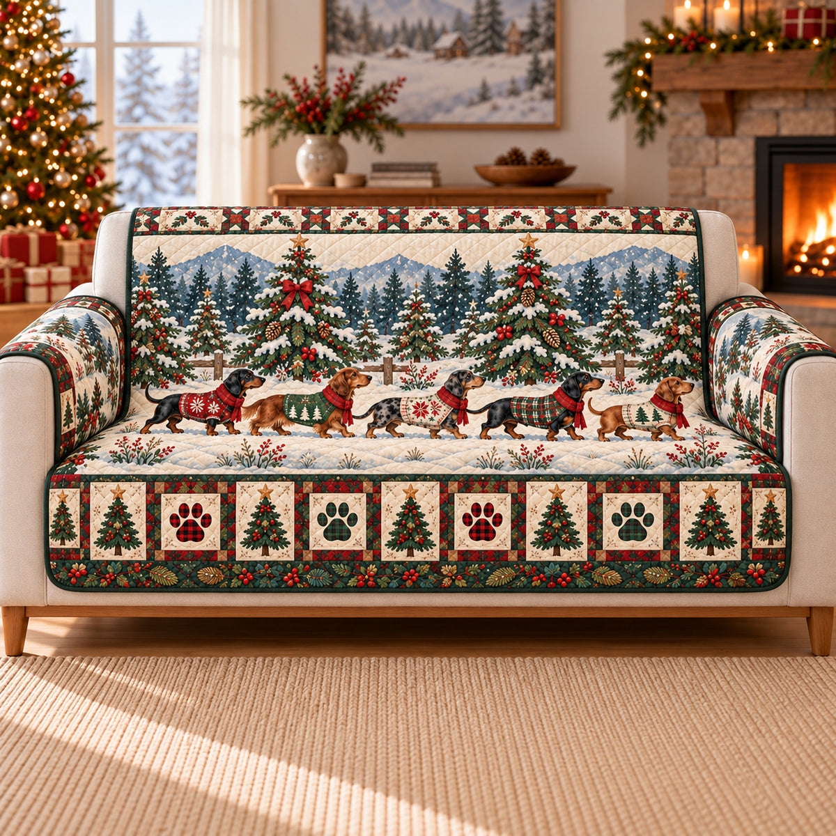 Dachshund Christmas Sofa Cover, Tree Farm Walk, Gift for Dog Lovers on a sofa