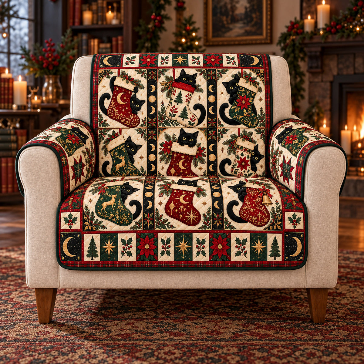 Black Cat Christmas Sofa Cover, Stocking Curiosity, Gift for Cat Lovers on an armchair