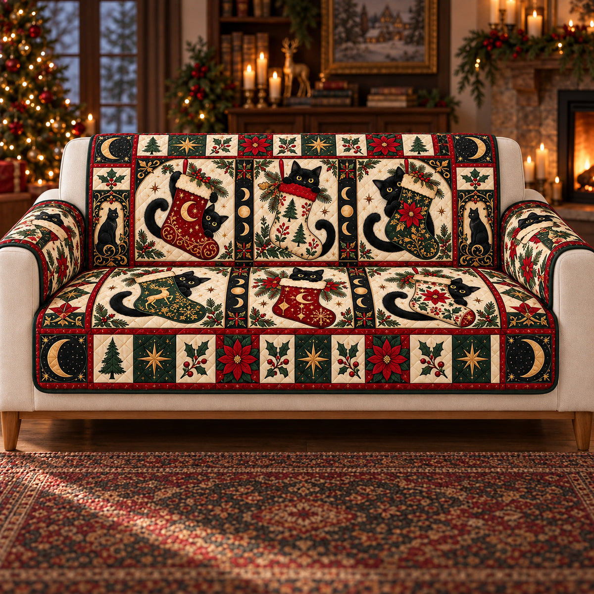 Black Cat Christmas Sofa Cover, Stocking Curiosity, Gift for Cat Lovers on a sofa