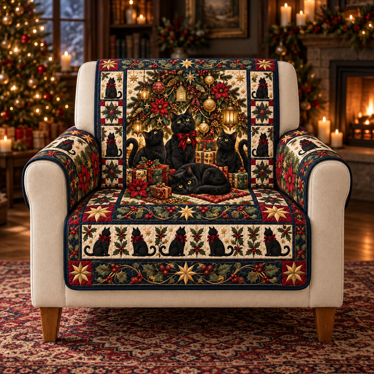 Black Cat Christmas Sofa Cover, Under the Tree, Holiday Gift for Cat Lovers on an armchair