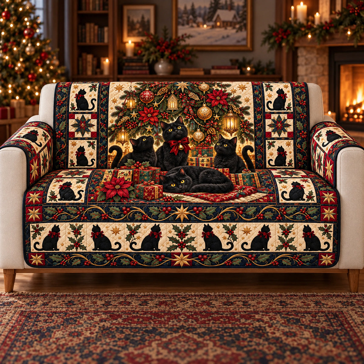 Black Cat Christmas Sofa Cover, Under the Tree, Holiday Gift for Cat Lovers on a sofa
