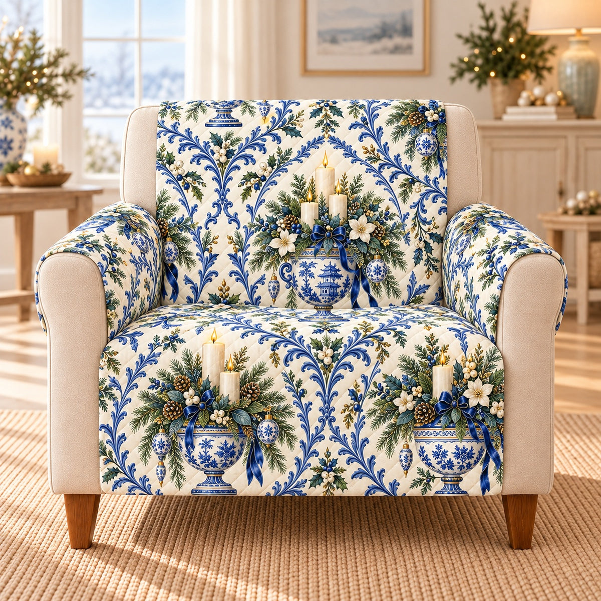 Blue and white porcelain Christmas candle sofa cover on an armchair, AI mockup