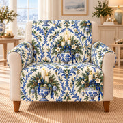 Blue and white porcelain Christmas candle sofa cover on an armchair, AI mockup