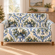 Blue and white porcelain Christmas candle sofa cover on a sofa, AI mockup
